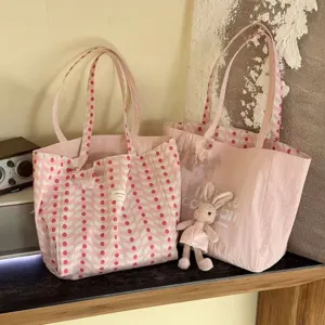 Korean style double-sided wave dot canvas tote bag, large capacity casual shoulder bag for women