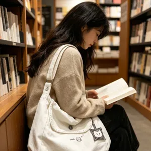 Detail view of the white canvas tote bag with cute cat embroidery and large capacity.