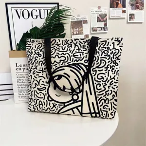 Large Capacity Canvas Tote Bag Casual Student School Shopping Bag Fashion Graffiti Shoulder Bag Handbag For Women