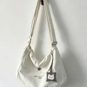 Large capacity white canvas shoulder bag cute cat embroidery crossbody tote bag for women daily