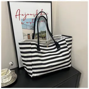 Commuter canvas tote bag for women large capacity striped shoulder handbag detail
