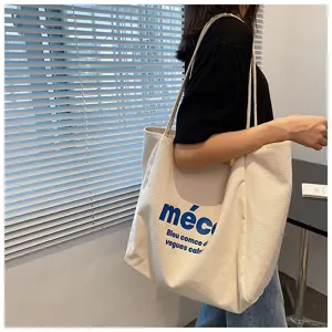 Large Women Canvas Tote Bag Letter Print Casual Shoulder Bag Daily Commuter Handbag