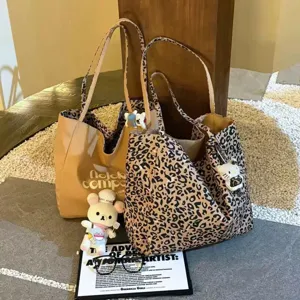 Women Leopard Print Canvas Tote Bag Large Capacity Casual Shoulder Handbag Reversible Commuting Daily Bag