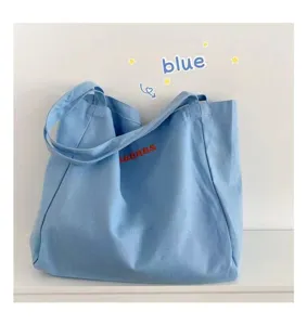 Light blue canvas tote bag simple casual shoulder bag student shopping bag aesthetic style