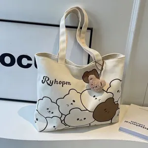 Japanese style cartoon canvas tote bag for women, large capacity shoulder handbag for daily commute.
