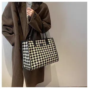 Sac cabas en toile à carreaux noir et blanc pour femme, grand sac bandoulière élégant.