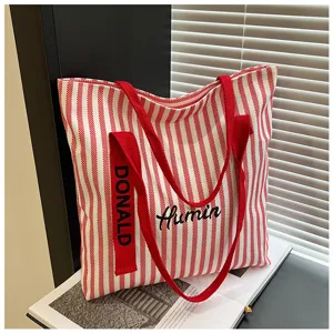 Casual red and white striped canvas tote bag for women large capacity daily commuter handbag
