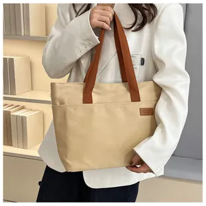 Sac cabas en toile pour femme grande capacité sac d'épaule décontracté beige avec anses marron