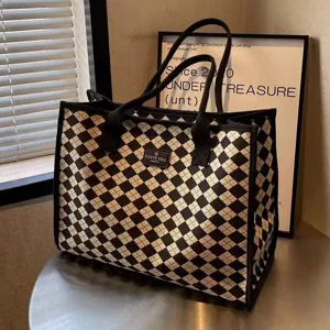 Sac Cabas en Toile pour Femmes Grande Capacité Carreaux Noir et Blanc Sac à Bandoulière Sac à Main Décontracté pour Étudiants