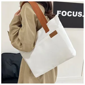 Sac cabas en toile blanche décontracté pour étudiants, grand sac à épaule quotidien