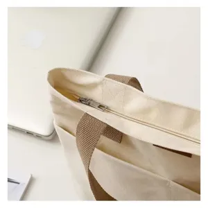 Casual Canvas Tote Bag with Zipper Large Capacity Commuter Handbag for Women and School