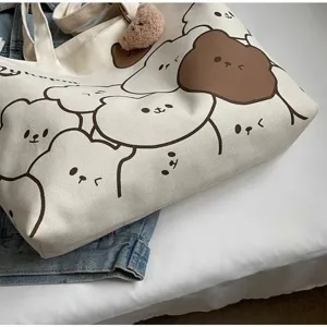 Japanese style cartoon canvas tote bag, large capacity shoulder bag for students daily use.