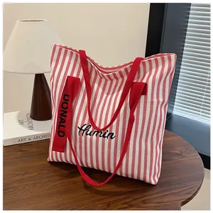 Red and white striped canvas tote bag, large capacity daily shoulder bag for women.