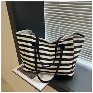 Classic black and white striped canvas tote bag detail view, large capacity casual shoulder
