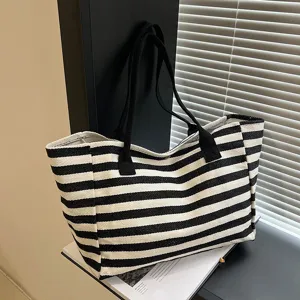 Large Capacity Canvas Tote Bag For Women Casual Striped Shoulder Bag Commute Handbag Travel Shopping Bag