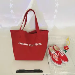 Casual Canvas Tote Bag Large Capacity Shoulder Bag Letter Printed Handbag Retro Shopping Bag For Women