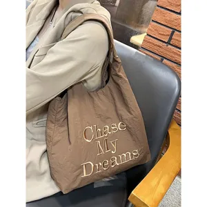 Casual Large Capacity Nylon Tote Bag For Women Letter Embroidery Shoulder Handbag Daily Commuting Fashion Tote Bag
