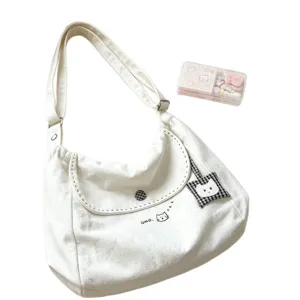Cute cat canvas shoulder bag for women, large capacity casual crossbody tote bag 2026