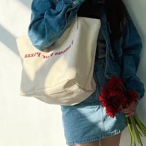 Casual canvas tote bag with red letter print, large capacity single shoulder bag for daily use.