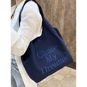Navy blue nylon tote bag for women with letter embroidery, casual large capacity shoulder bag.