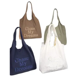 Women large capacity nylon tote bag casual shoulder handbag with chic embroidery letters.