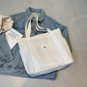 Large capacity white canvas tote bag casual daily shoulder bag for women commuting student work
