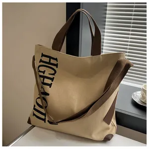 Grand sac cabas en toile avec bandoulière, sac à main quotidien décontracté en beige.