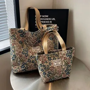 Grand sac cabas fourre-tout en toile tissée florale vintage, sac à bandoulière élégant.