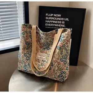 Sac cabas en toile à fleurs pour femmes, grand sac à épaule, fourre-tout décontracté travail.