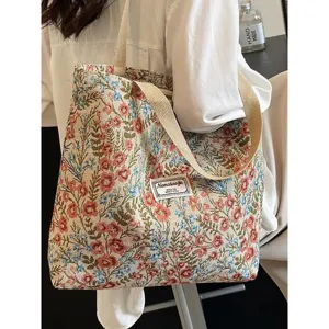 Sac Cabas en Toile de Grande Capacité Rétro Floral Tissé Sac à Main d'Épaule Décontracté Sac de Commuter pour Femme