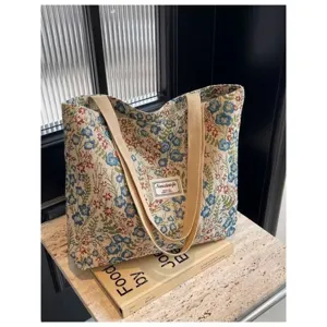 Grand sac cabas en toile pour femme, sac épaule floral vintage pour les cours et le quotidien.