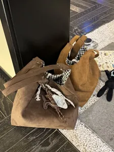 Brown suede tote bag retro casual shoulder bag large capacity underarm bag with plaid lining.