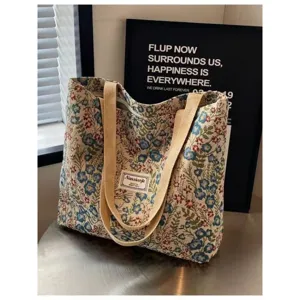 Grand sac cabas en toile à fleurs pour femme, sac d'épaule vintage et décontracté.