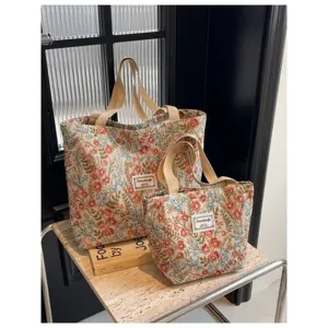 Grand sac cabas en toile a fleurs pour femme, sac a epaule decontracte pour le quotidien.