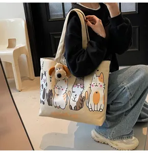 Korean style large canvas tote bag for women, casual single shoulder bag with cat prints.