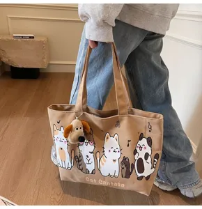 Korean style large capacity canvas shoulder tote bag casual cute cat print daily handbag
