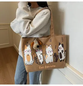 Canvas tote bag with cute cartoon cat print, large capacity and stylish design.