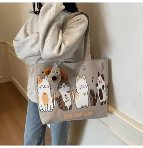 Korean style large capacity canvas tote bag for women, cute cat print casual shoulder bag.
