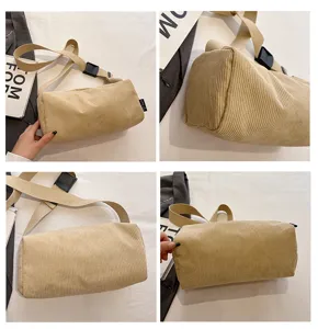 Corduroy pillow shoulder bag for women, casual large capacity cylinder crossbody handbag beige.