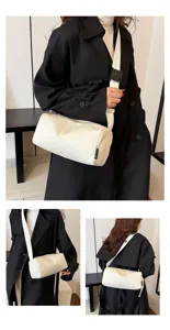 Corduroy cylindrical shoulder crossbody bag, minimalist white pillow handbag for women.