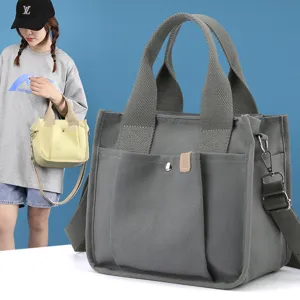 Μεγάλη τσάντα shopper από καμβά πολλαπλών τσεπών γυναικεία τσάντα ώμου γκρι καθημερινή