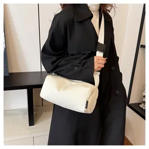 White corduroy shoulder bag, casual crossbody pillow bag with wide strap for women.