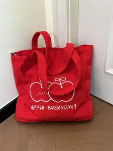 Red corduroy tote bag with cute apple embroidery and large capacity for daily commute