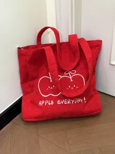 Red corduroy tote bag for women, large capacity shoulder bag with cute apple embroidery.