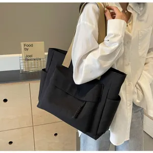 Classic black canvas tote bag with large capacity, casual shoulder bag for daily commute.