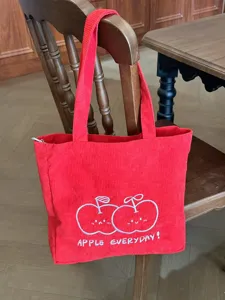 Red corduroy tote bag with cute apple embroidery, spacious casual single shoulder bag.