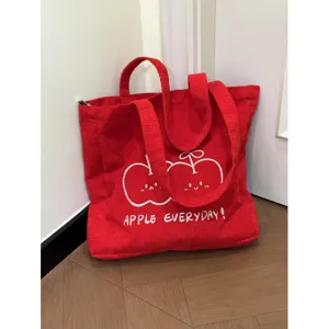 Red corduroy tote bag with cute apple embroidery, large capacity daily shoulder bag for women
