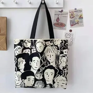 Canvas tote bag for women, casual shoulder bag with artistic face print, large capacity daily use.