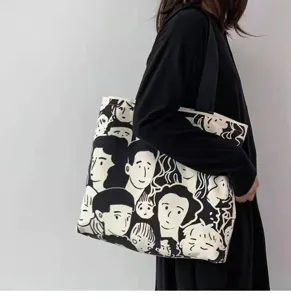 Canvas tote bag for women large capacity shoulder bag with artistic face print for daily shopping