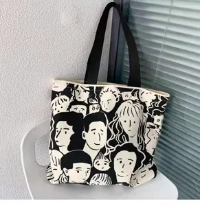 Canvas tote bag for women aesthetic black white face print shoulder bag large capacity casual